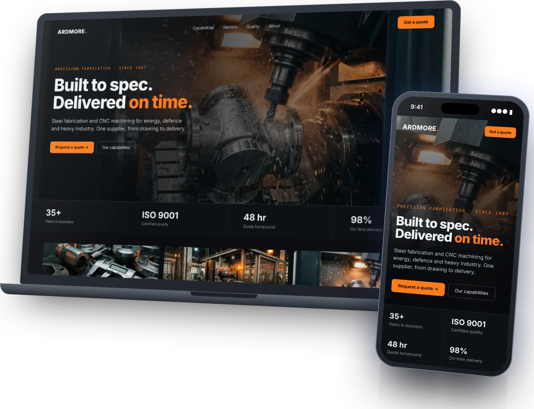 Example of a redesigned engineering company website shown on a laptop and a phone